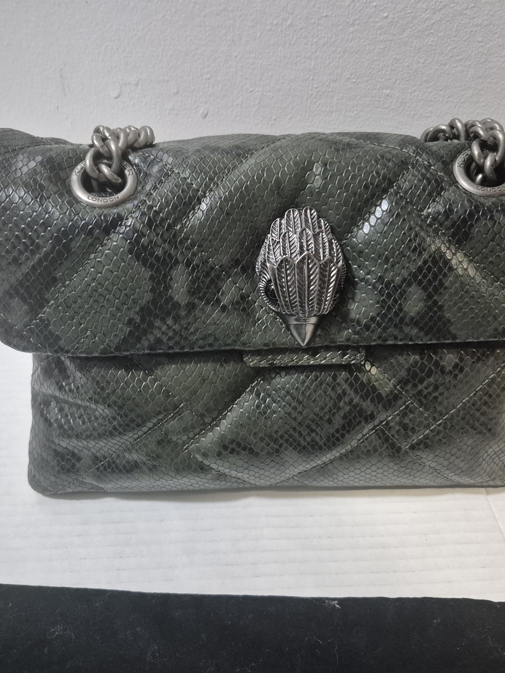 Kurt Geiger Quilted Kensington Snake-Embossed Shoulder Bag in Olive Green